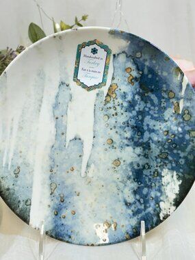 Intesa Home Blue Green Gold Splatter White Porcelain Salad Plates Set 4 -8"